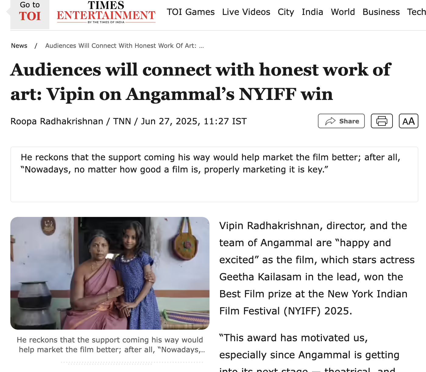 Times of India Vipin Interview